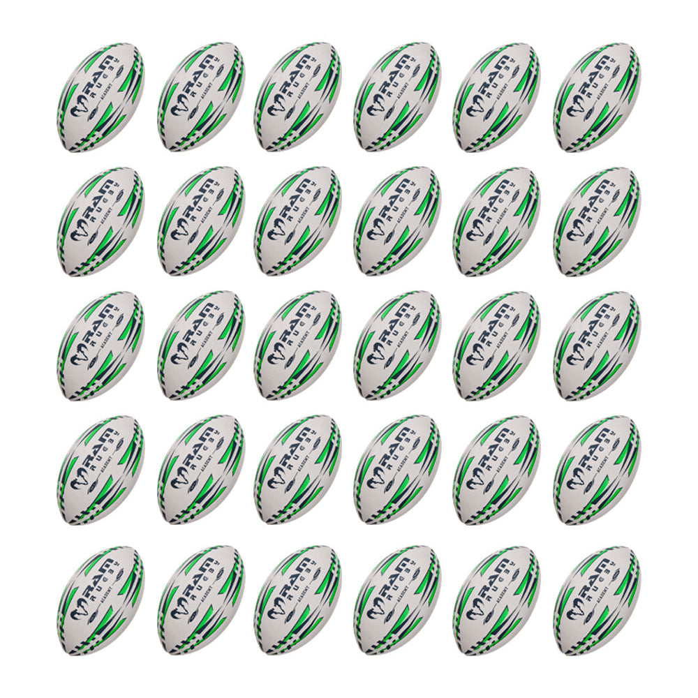 Ram Rugby Academy Trainer Ball Bundle with 30 red and white training rugby balls stacked next to two black breathable storage bags.