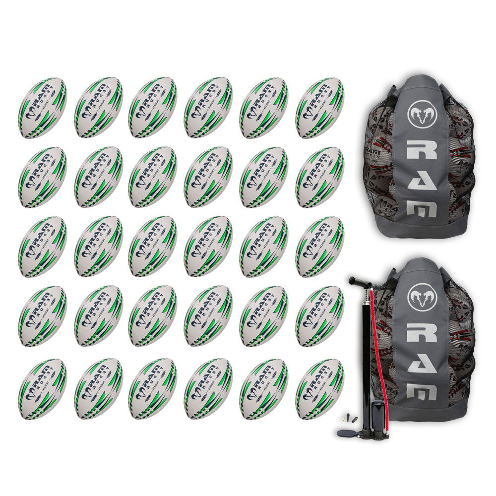 Stack of Ram Rugby Academy Trainer Ball Bundle with 30 red and white training rugby balls alongside two breathable storage bags