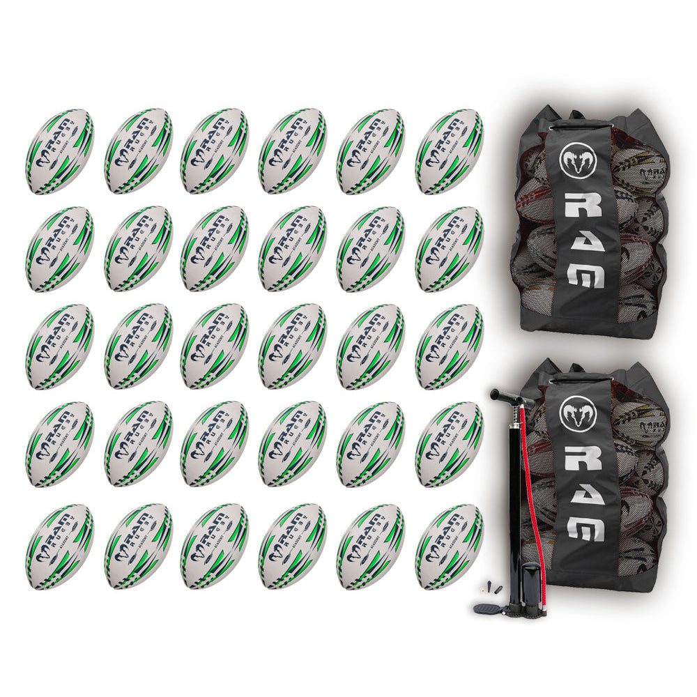 Thirty Ram Rugby Academy Trainer rugby balls neatly stacked inside two breathable black storage bags for youth training sessions