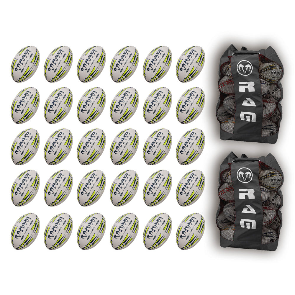 Thirty Ram Rugby Academy Trainer Balls neatly stacked with two black breathable storage bags for youth rugby training sessions