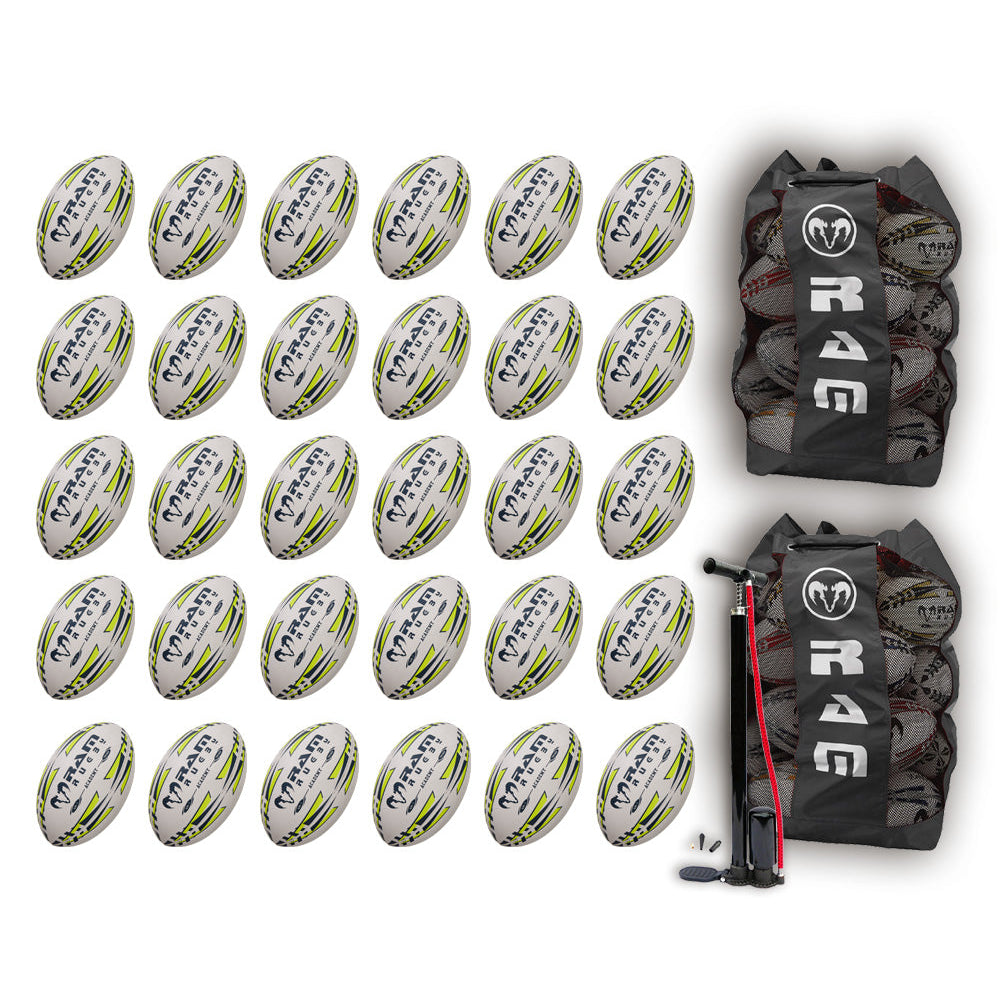 Ram Rugby Academy Trainer Ball Bundle showing 30 orange junior rugby balls with two large black breathable storage bags