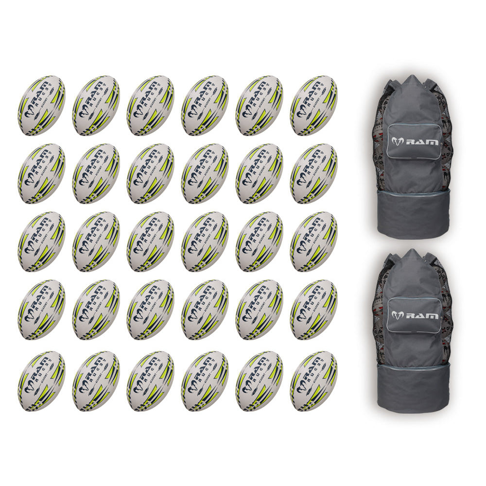 Ram Rugby Academy Trainer Ball Bundle showing 30 orange mini rugby balls packed neatly inside two breathable storage bags.