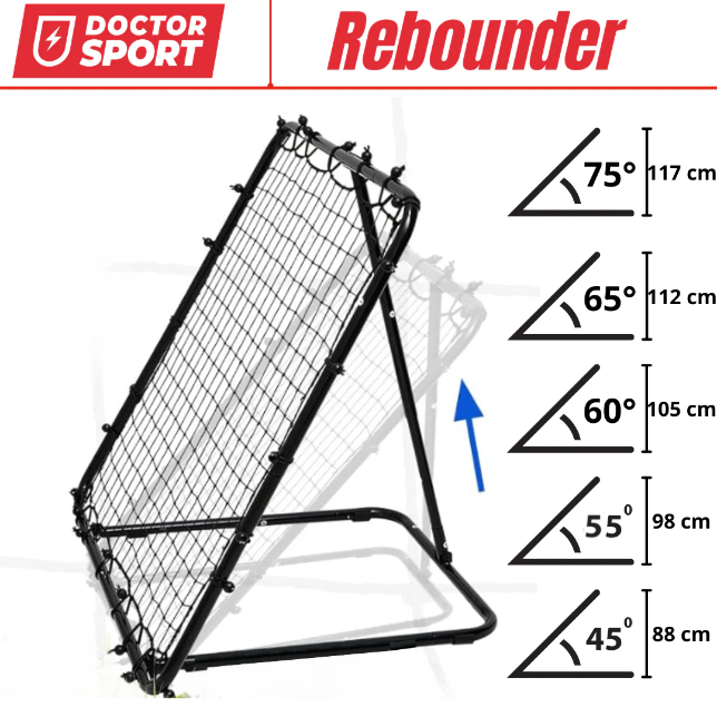 Doctor Sport Sport Rebound Net showing adjustable foldable frame and high-tension 100x100 cm training surface in black and blue.