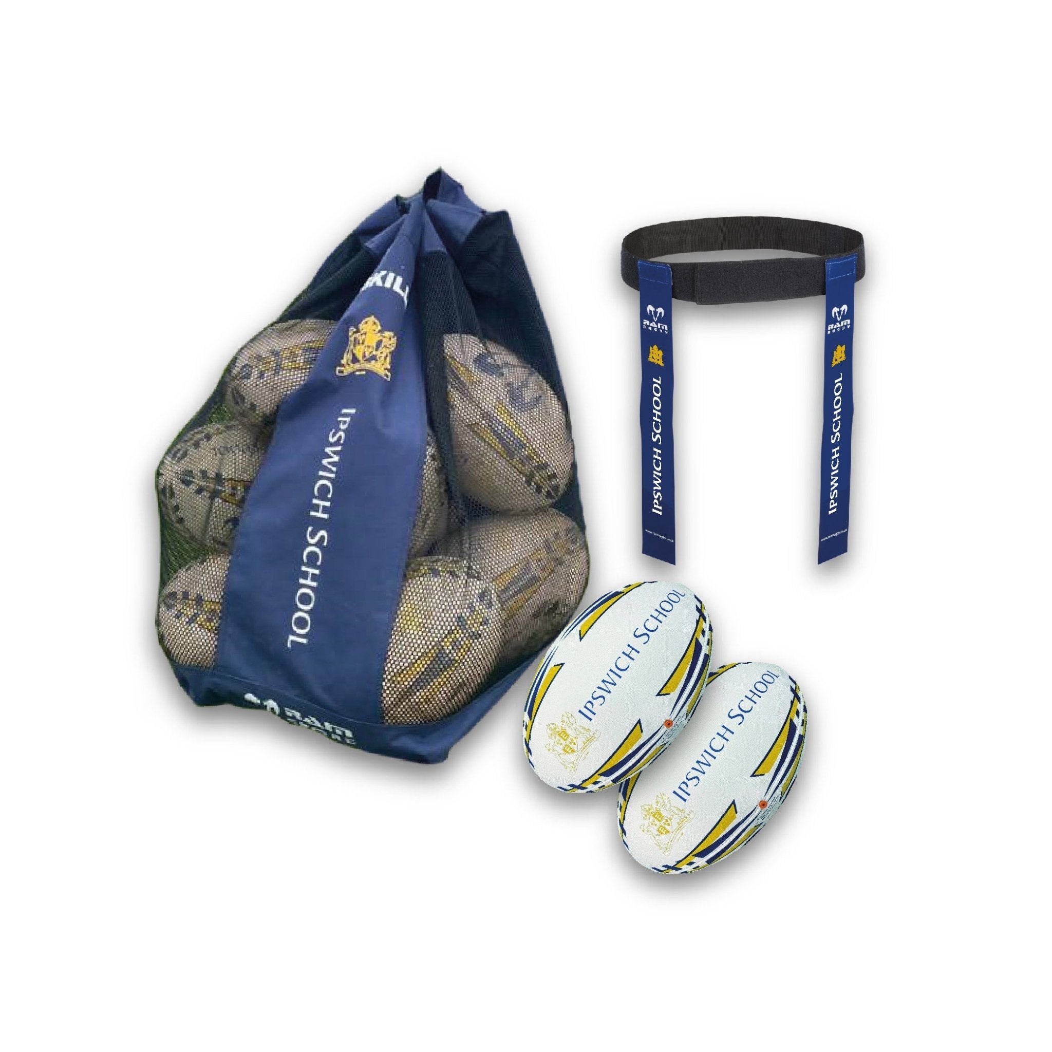 Set of Ram Rugby custom training balls, ball bags, and tag belt sets in team colors with sponsor logo branding options