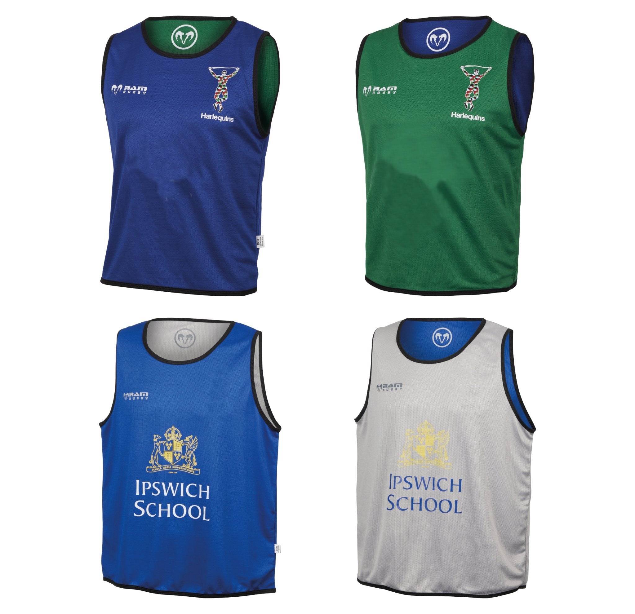 Set of Ram Rugby custom training balls, ball bags, and reversible mesh bibs in vibrant team colors for professional sports training