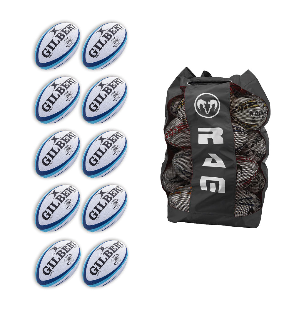 Ten Gilbert Atom match rugby balls stacked beside a black breathable bag designed to hold up to 16 size 5 balls