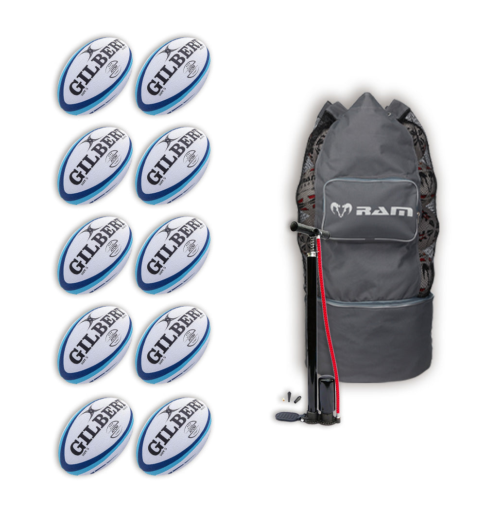 Gilbert Atom Match Rugby Ball Bundle with 10 size 5 white rugby balls and a black breathable carry bag for easy transport
