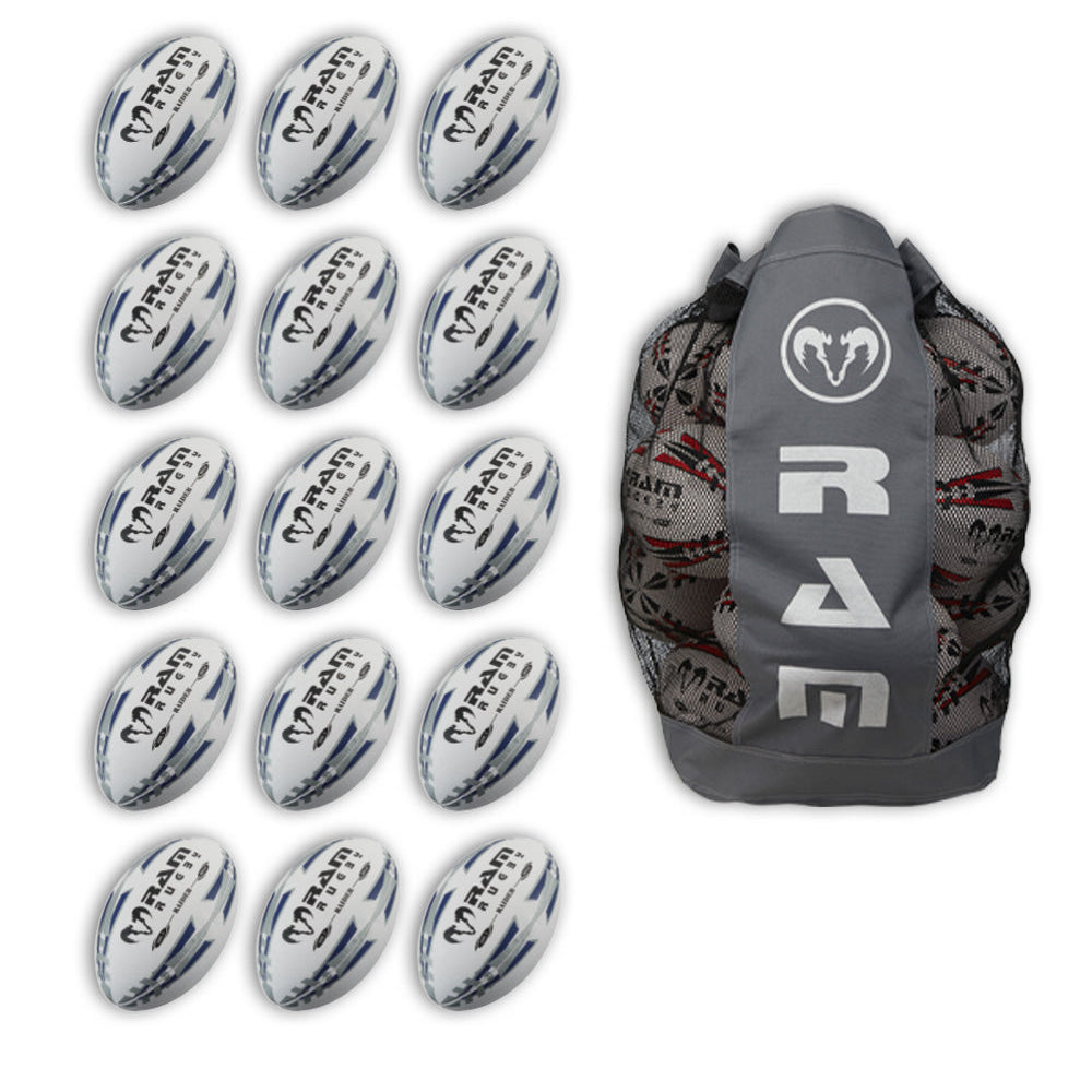 Stack of 15 Ram Rugby Raider 2.0 black size 5 match balls with breathable bag for organized rugby ball storage and transport
