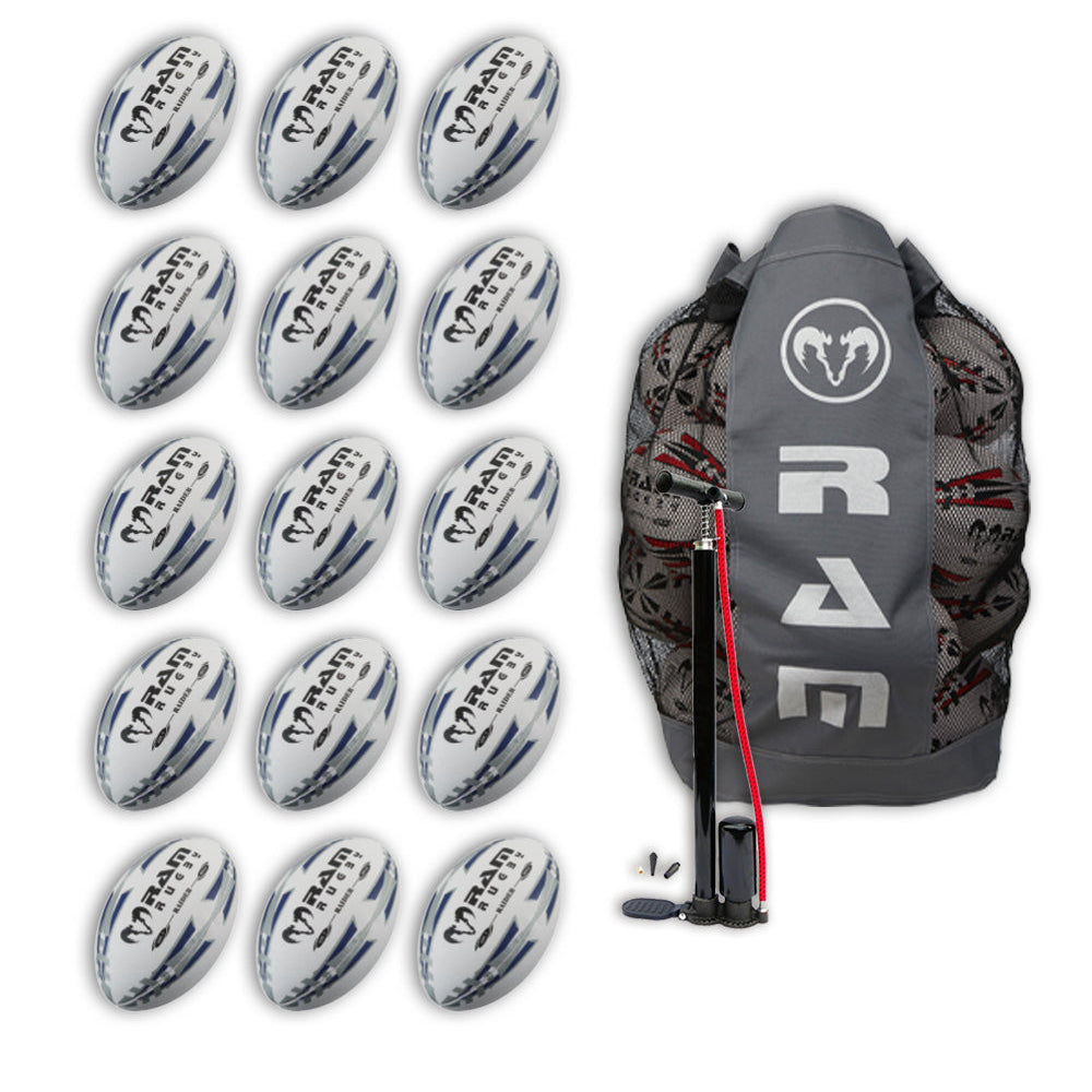 Fifteen Ram Rugby Raider 2.0 black match balls neatly stacked inside a black breathable ball bag for easy transport and storage
