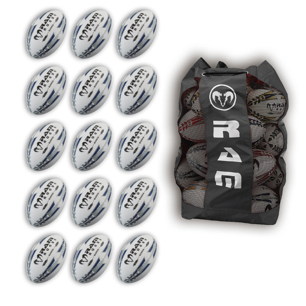 Set of 15 Ram Rugby Raider 2.0 Black match balls with breathable black ball bag for storage and rugby training sessions