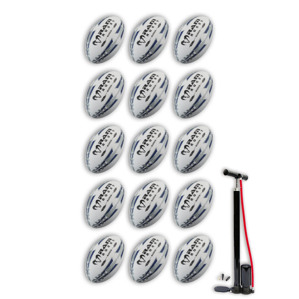 Ram Rugby Raider 2.0 Black Match Ball Bundle with 15 size 5 rugby balls and breathable black storage bag for transport