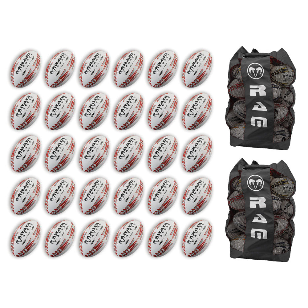 Ram Rugby Squad Trainer Ball Bundle showing 30 size 5 rugby balls and 2 breathable storage bags for team training sessions