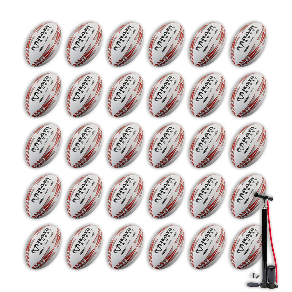 Ram Rugby Squad Trainer Ball Bundle showing 30 size 5 black rugby balls with 2 breathable ball storage bags