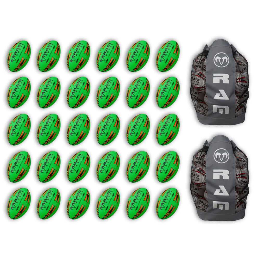 Stack of 30 Ram Rugby Gripper 2.0 Pro Trainer neon yellow, orange, green balls with two breathable storage bags