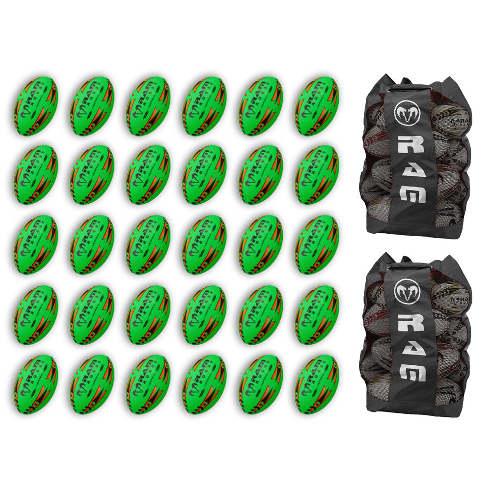 Stack of neon yellow, orange, and green Ram Rugby Gripper 2.0 Pro Trainer balls with breathable storage bags included