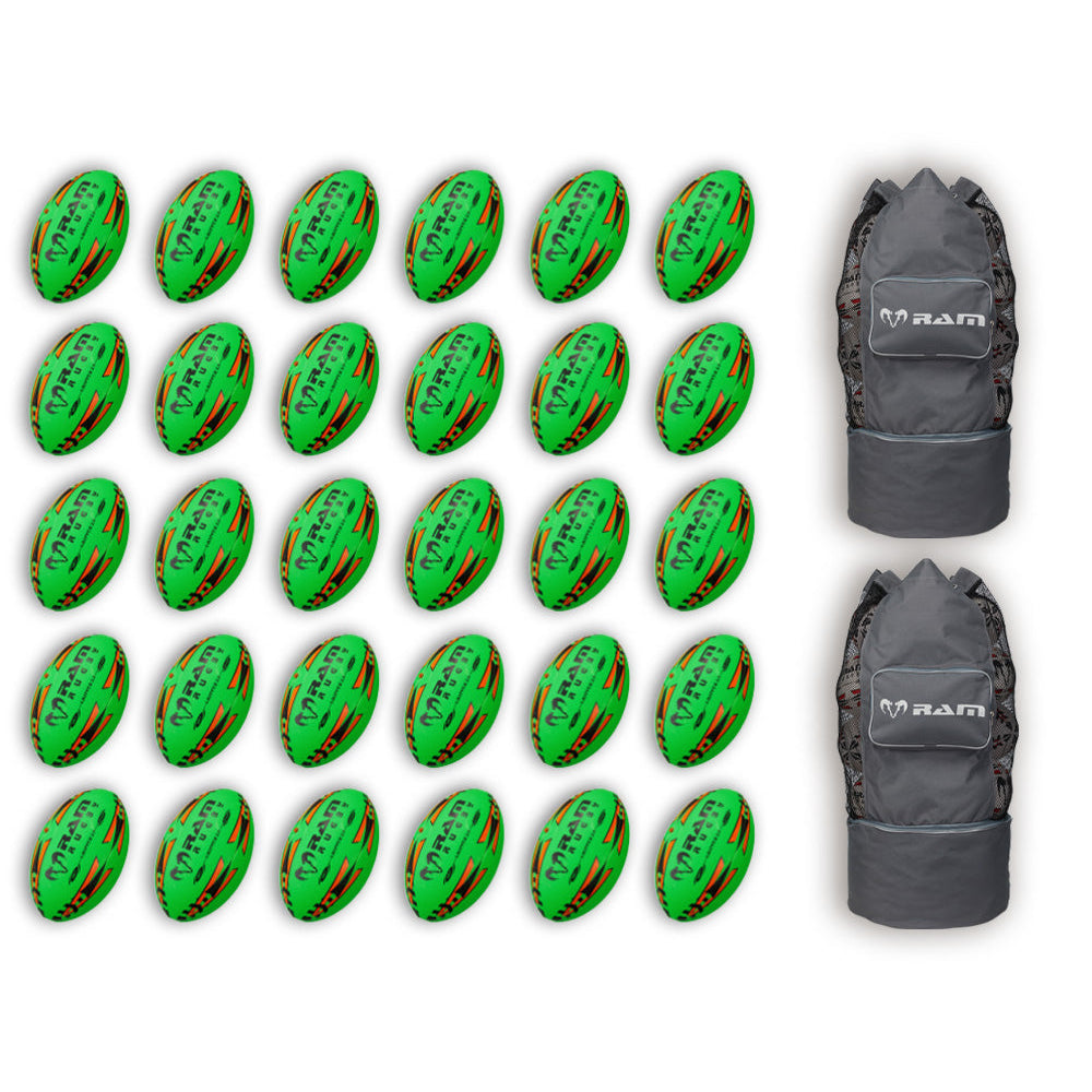 Stack of neon yellow, orange, and green Ram Rugby Gripper 2.0 Pro Trainer balls with two black breathable storage bags