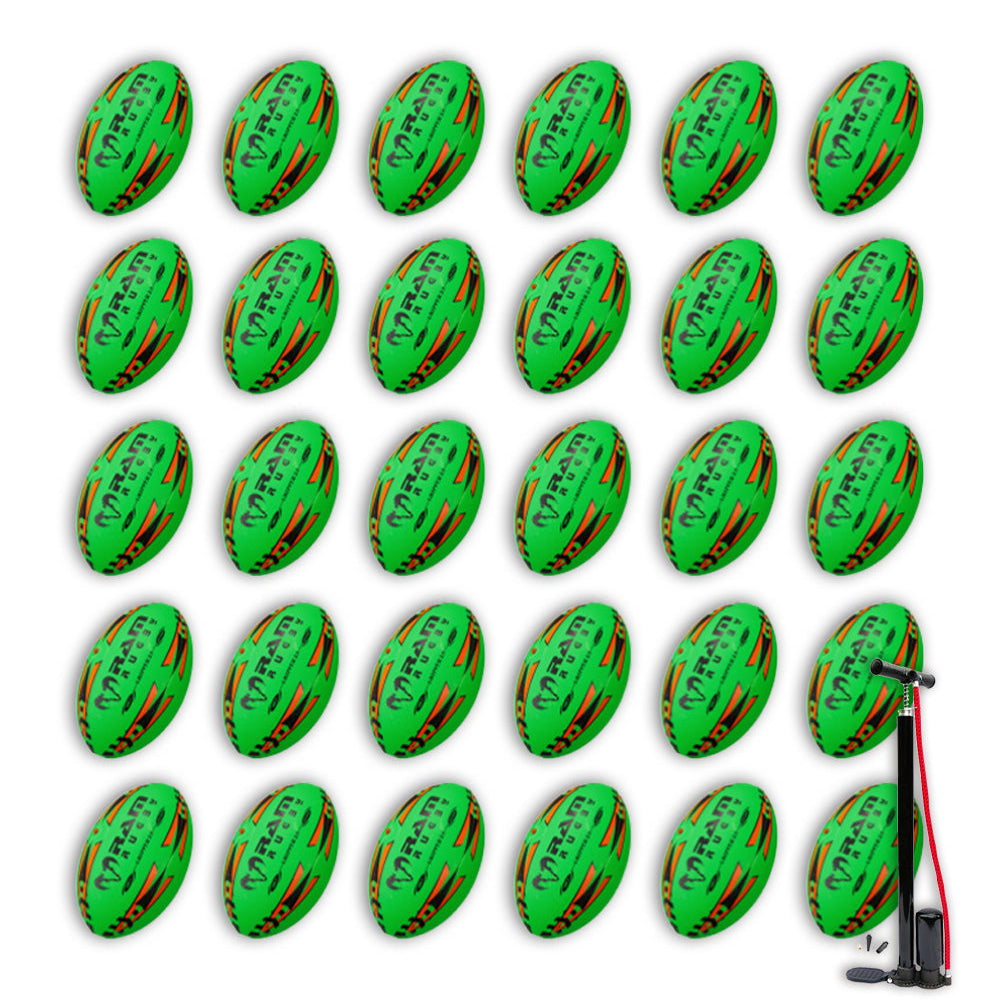 Stack of 30 Ram Rugby Gripper 2.0 Pro Trainer neon rugby balls in yellow, orange, and green with two breathable carry bags