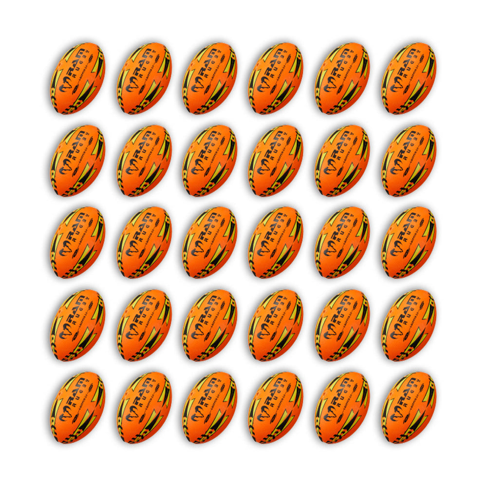 Stack of Ram Rugby Gripper 2.0 Pro Trainer Neon balls in yellow, orange, and green with two breathable storage bags included