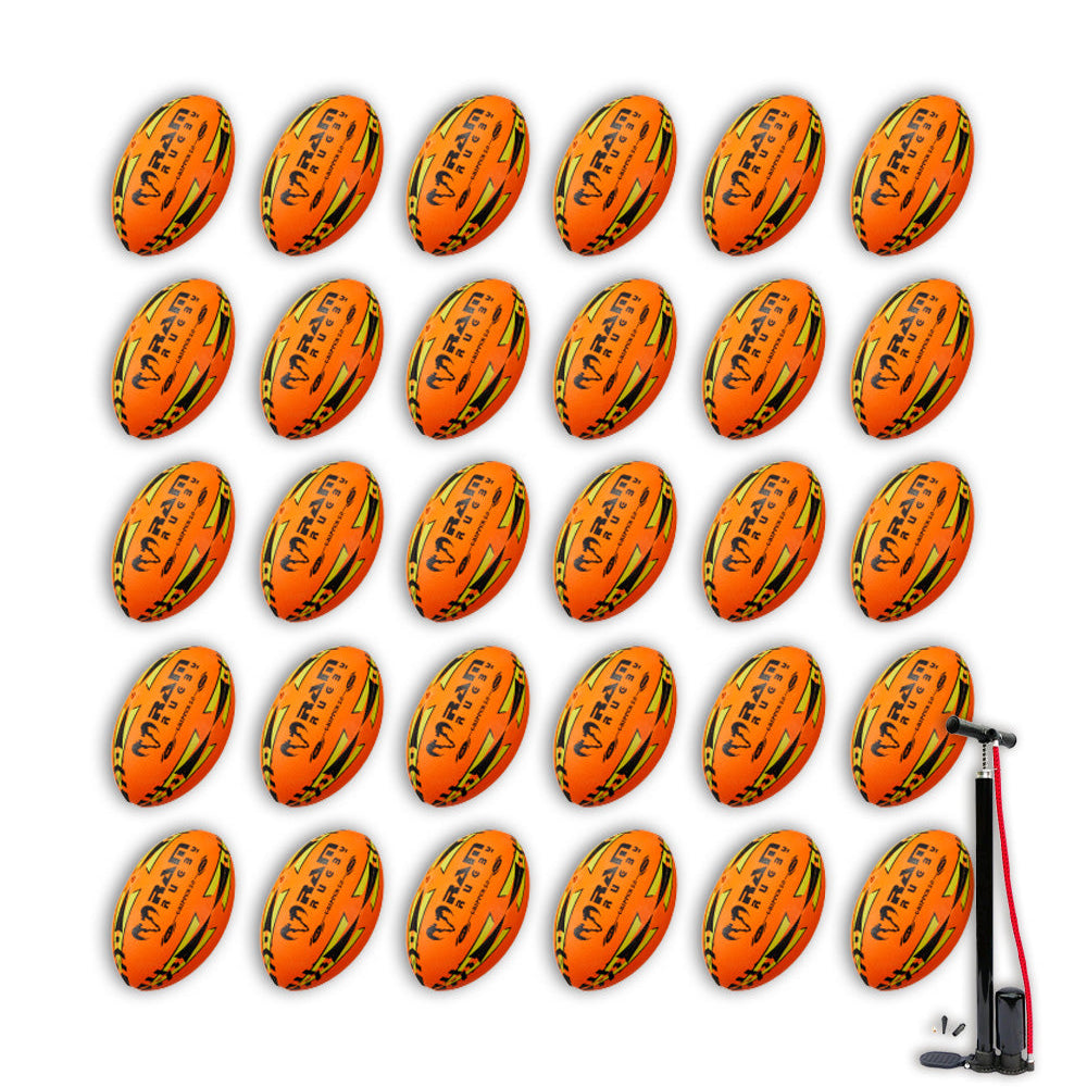 Close-up of Ram Rugby Gripper 2.0 Pro Trainer neon yellow, orange, and green rugby balls packed in two breathable storage bags