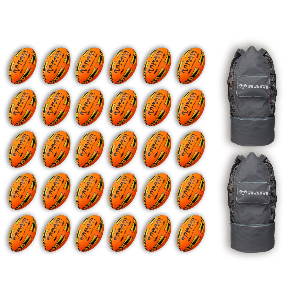 Ram Rugby Gripper 2.0 Pro Trainer Neon Ball Bundle with 30 vibrant yellow, orange, and green rugby balls arranged with two breathable bags