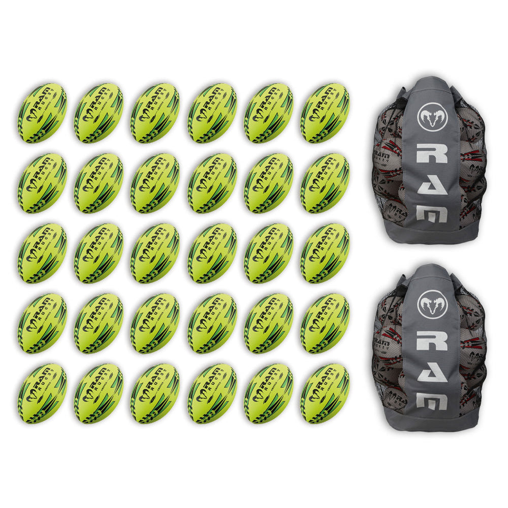 Stack of neon yellow, orange, and green Ram Rugby Gripper 2.0 Pro Trainer balls packed inside two breathable storage bags.
