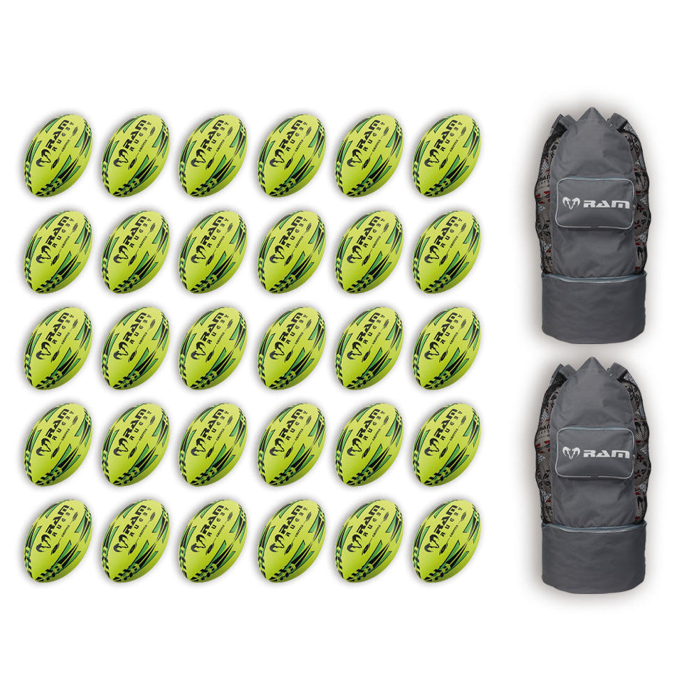 Stacked Ram Rugby Gripper 2.0 Pro Trainer Neon Balls in yellow, orange, and green with two black breathable storage bags