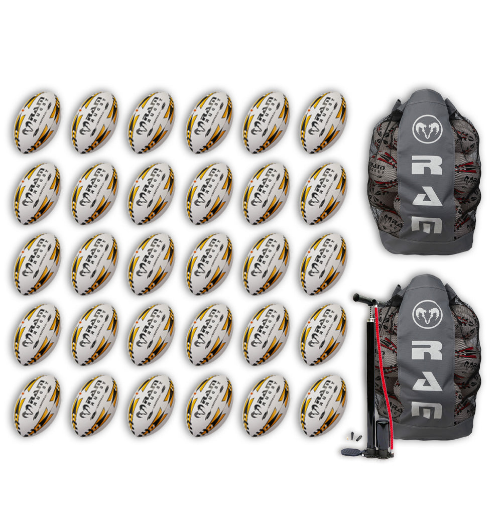 Ram Rugby Gripper 2.0 Pro Trainer Rugby Ball Bundle with 30 white balls and 2 black breathable storage bags for training