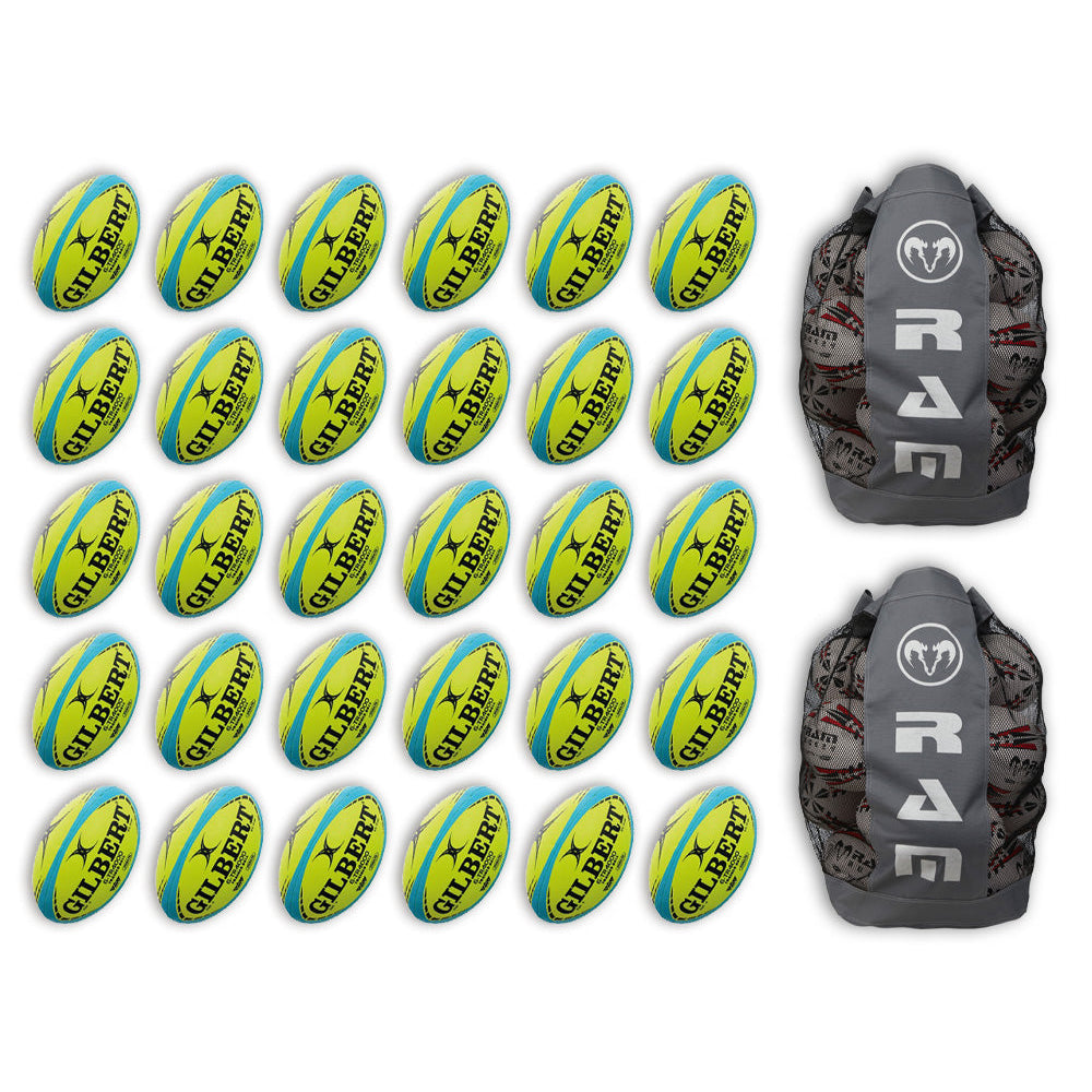 Gilbert G-TR4000 Trainer Neon rugby ball bundle featuring 30 fluorosize 5 balls with 2 breathable ball bags in neon colors