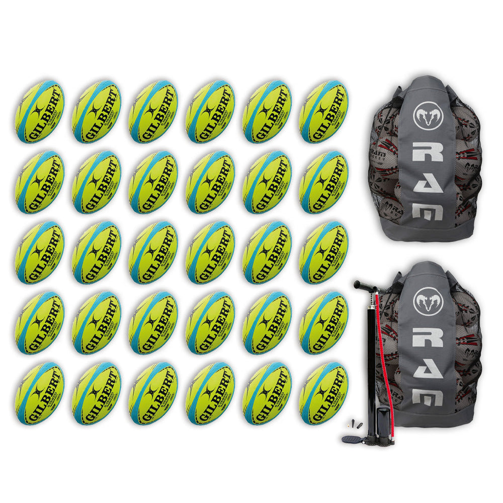 Stack of 30 Gilbert G-TR4000 neon size 5 trainer rugby balls with 2 breathable black ball bags for training bundles