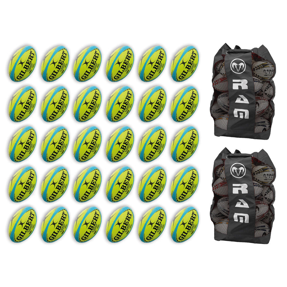 Gilbert G-TR4000 Trainer Neon rugby ball bundle with 30 fluoro balls and 2 breathable size 5 ball bags for training