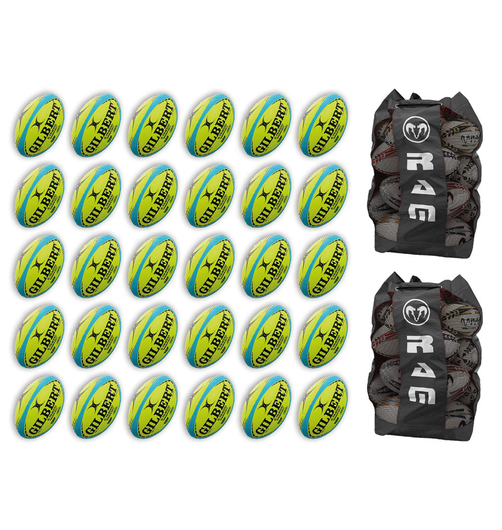 Thirty Gilbert G-TR4000 size 5 trainer rugby balls stacked with two large breathable Gilbert ball bags for storage and transport