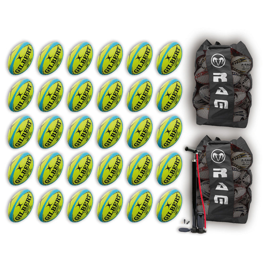 Thirty Gilbert G-TR4000 Trainer Neon size 5 rugby balls stacked with two breathable ball bags for sports training bundles