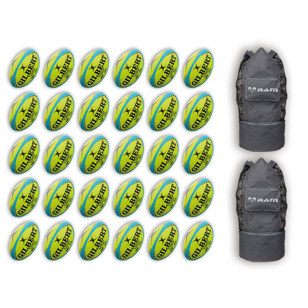 Thirty neon yellow Gilbert G-TR4000 Trainer rugby balls with two breathable black ball bags, size 5, bundle for training sessions