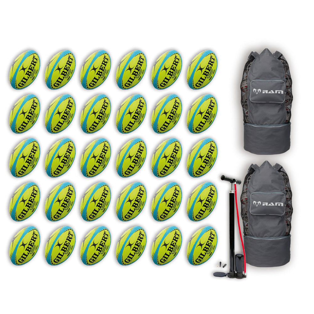 Stack of 30 Gilbert G-TR4000 neon yellow rugby balls arranged with two breathable mesh ball bags for size 5 training bundle