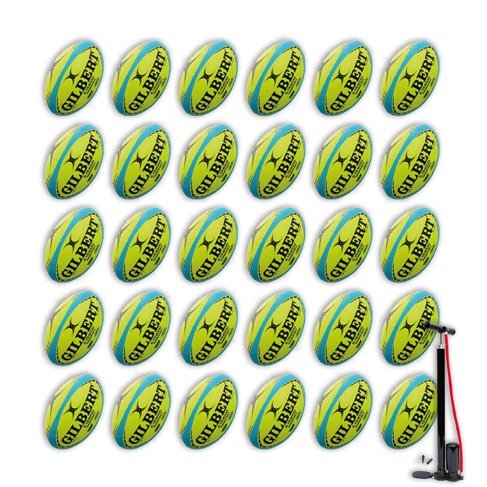 Gilbert G-TR4000 Trainer neon yellow rugby balls stacked with two black breathable ball bags for size 5 training bundle