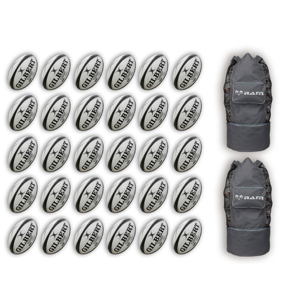 Thirty Gilbert G-TR4000 size 5 trainer rugby balls stacked with two large breathable black ball bags for easy transport and storage
