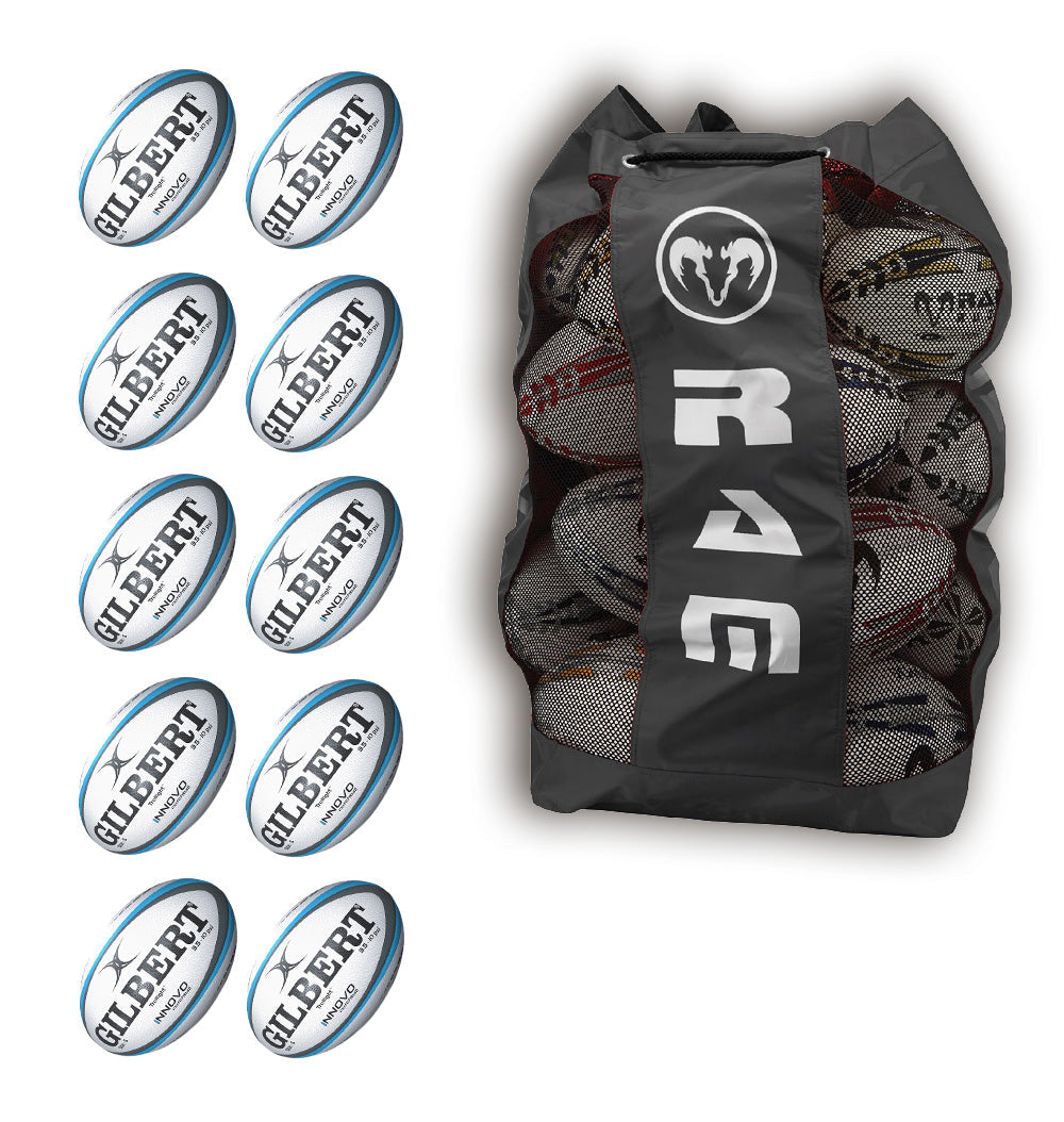 Ten white Gilbert Innovo size 5 rugby match balls stacked inside a black breathable storage bag for training or games