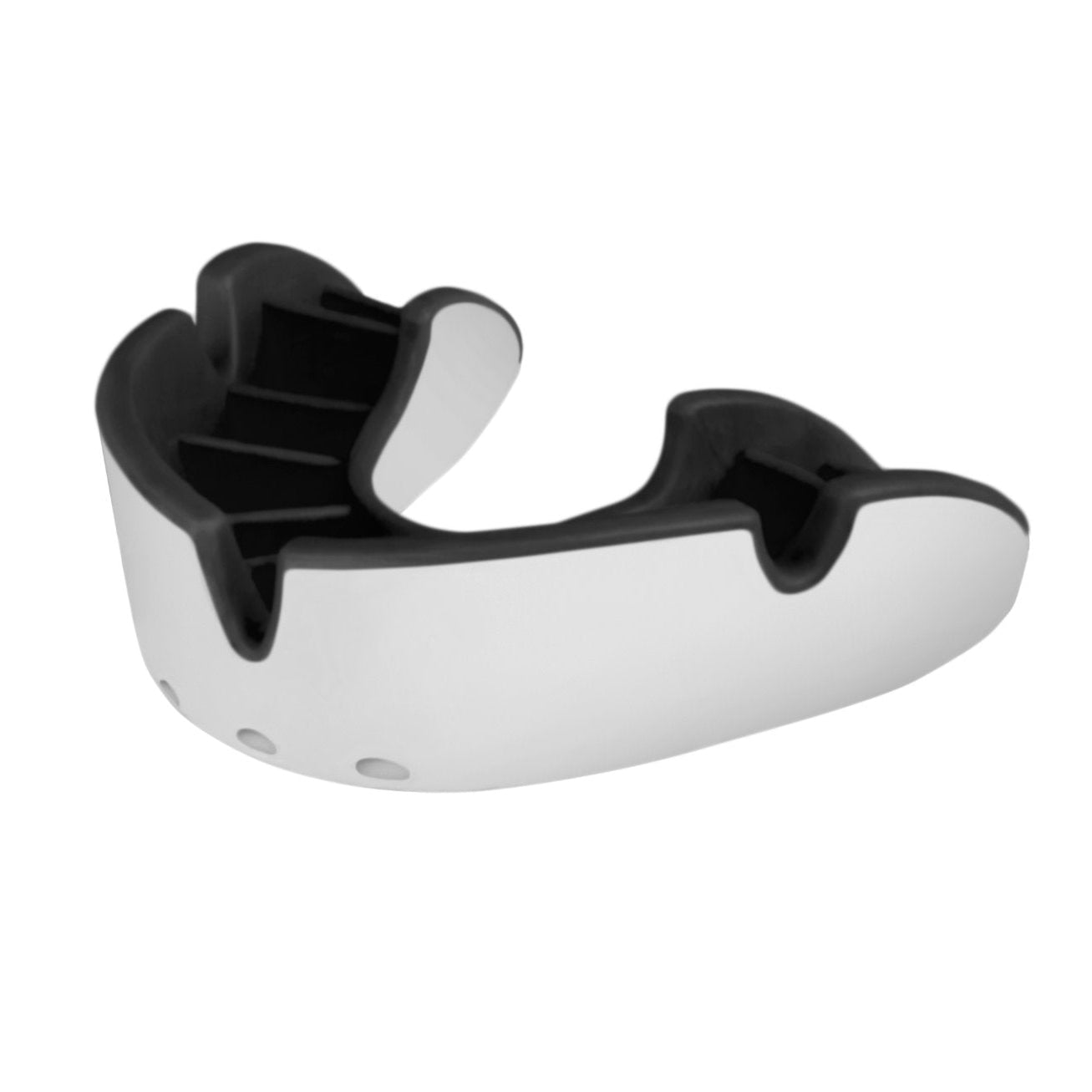 Opro Silver rugby mouthguard showing detailed flexible inner layer and patented anatomical fins for secure, comfortable fit