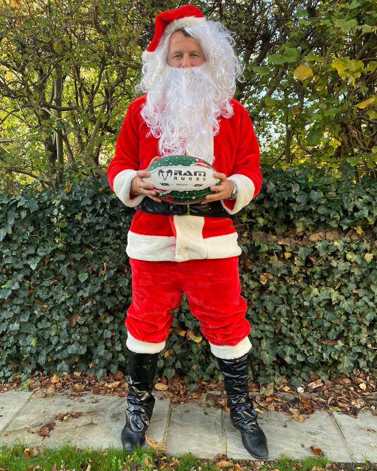 Ram Rugby Christmas Midi Squad Trainer Ball Size 2 with festive red and green wrap, ideal for holiday rugby training sessions