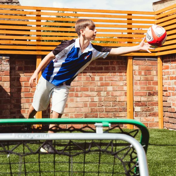 Crazy Catch Upstart Double Trouble rebound net showing dual-sided mesh frame designed for dynamic rugby training drills.