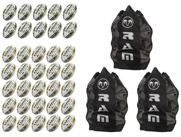 Set of Ram Rugby custom rugby balls in assorted colours with printed logos, ideal for clubs, schools, and training sessions.