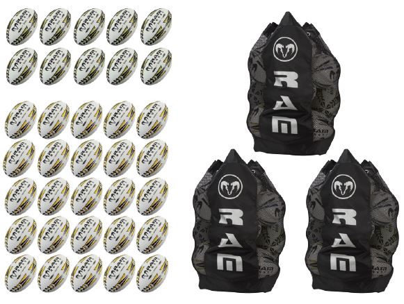 Ram Rugby custom rugby ball bundle with 12 match balls, 25 training balls, and 3 breathable backpack bags for teams