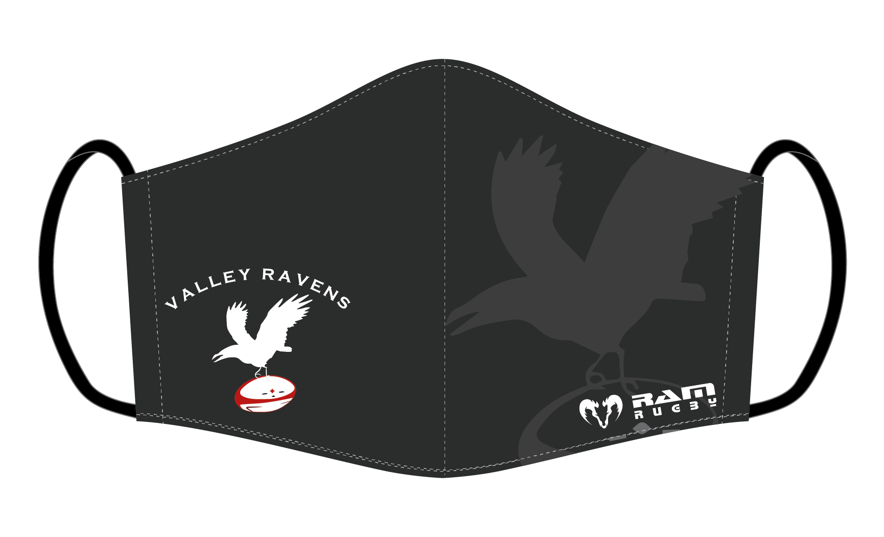 Ram Rugby custom antibacterial facemask in black with temperature control, designed for rugby PPE safety and comfort