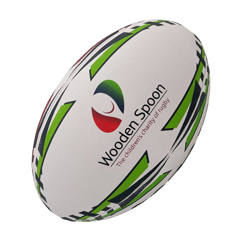 Ram Rugby Custom Giant Rugby Ball Super Jumbo 66cm in bright white with bold black and red branding for promotional events