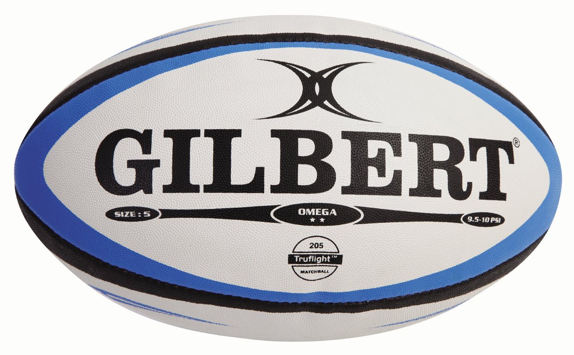 Close-up of Ram Rugby custom Gilbert rugby ball in white with blue and red logo prints, perfect for team branding.