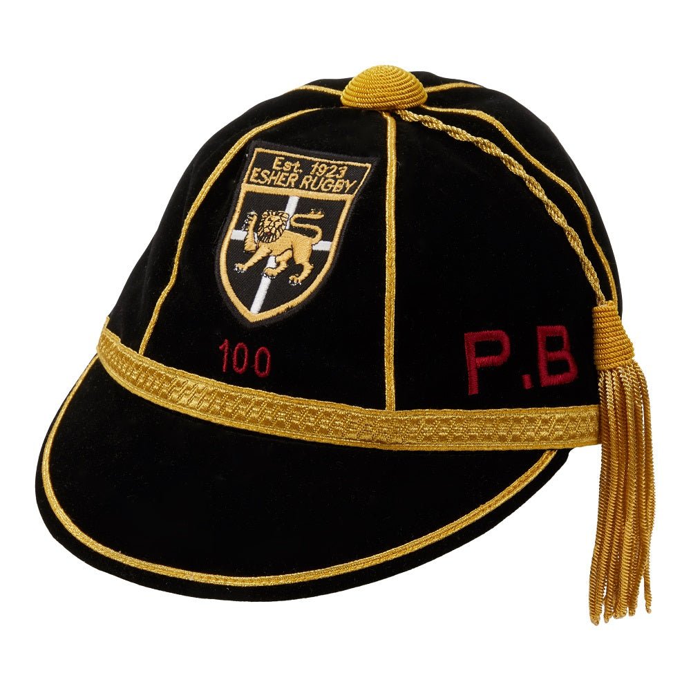 Ram Rugby custom velvet honours cap in navy with cotton-silk lining, silk tassel, personalised with crest and initials
