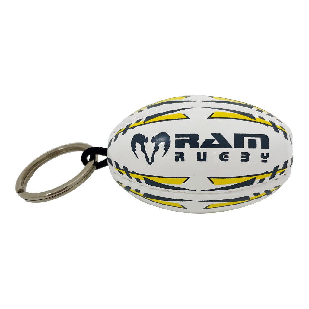 Ram Rugby custom printed rubber keyrings featuring club logos, designed as mini rugby balls with textured grip for promotions