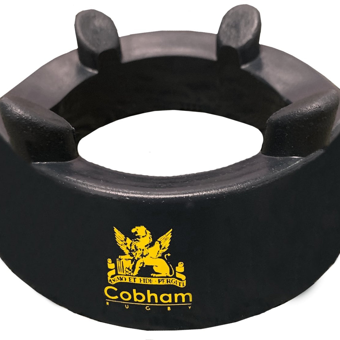 Black traditional rubber Ram Rugby custom kicking tee for rugby, personalized with 14-18 week delivery options