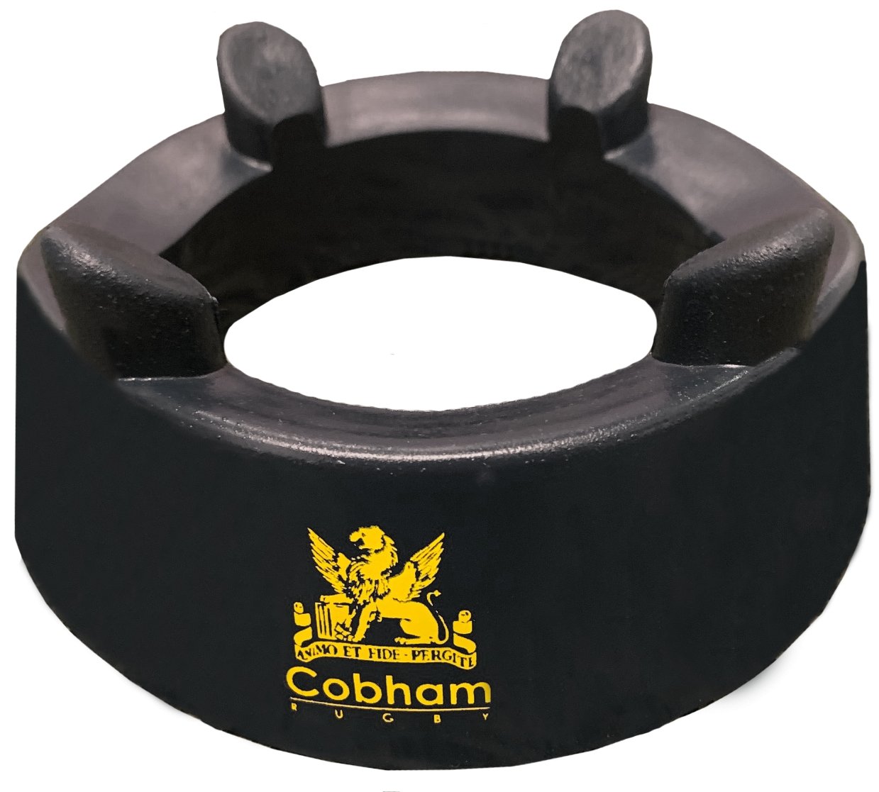 Black traditional rubber Ram Rugby custom kicking tee for rugby, personalized with 14-18 week delivery options