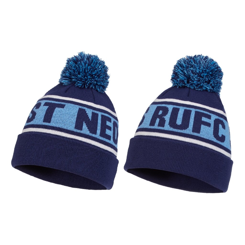 Ram Rugby custom knitted bobble hats in assorted colors showing detailed logo embroidery on 100% acrylic beanies
